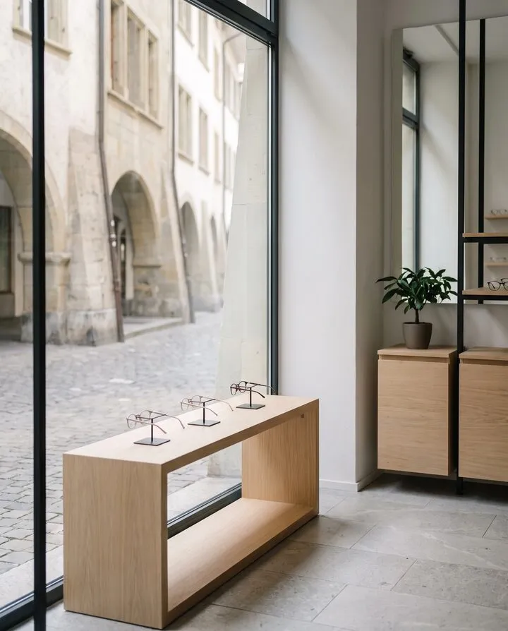 Das Schaufenster von innen mit drei Fassungen, draussen die Altstadtgasse mit Lauben