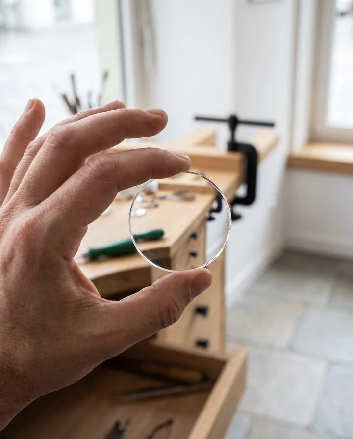 Eine Hand hält ein rundes Brillenglas gegen das Licht der Werkstatt