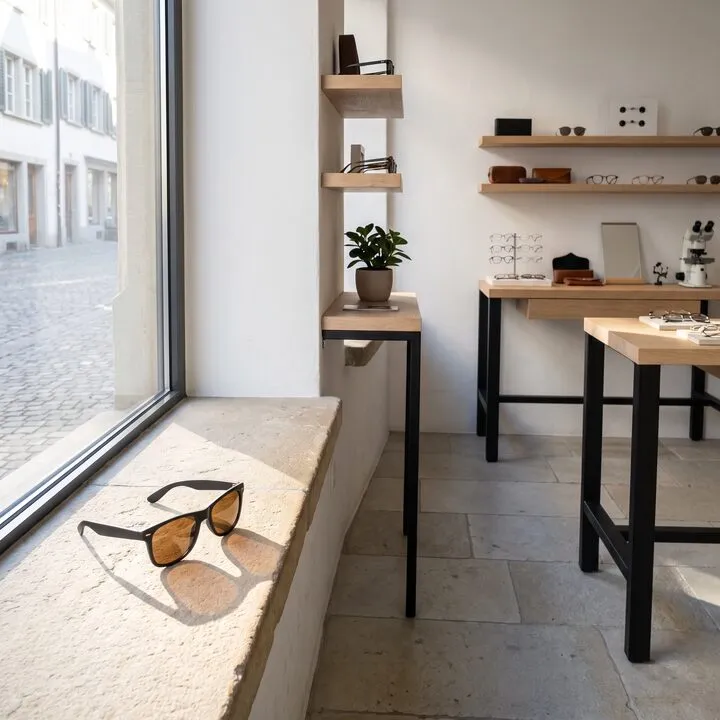 Eine dunkle Sonnenbrille im Morgenlicht auf einem Sandsteinsims
